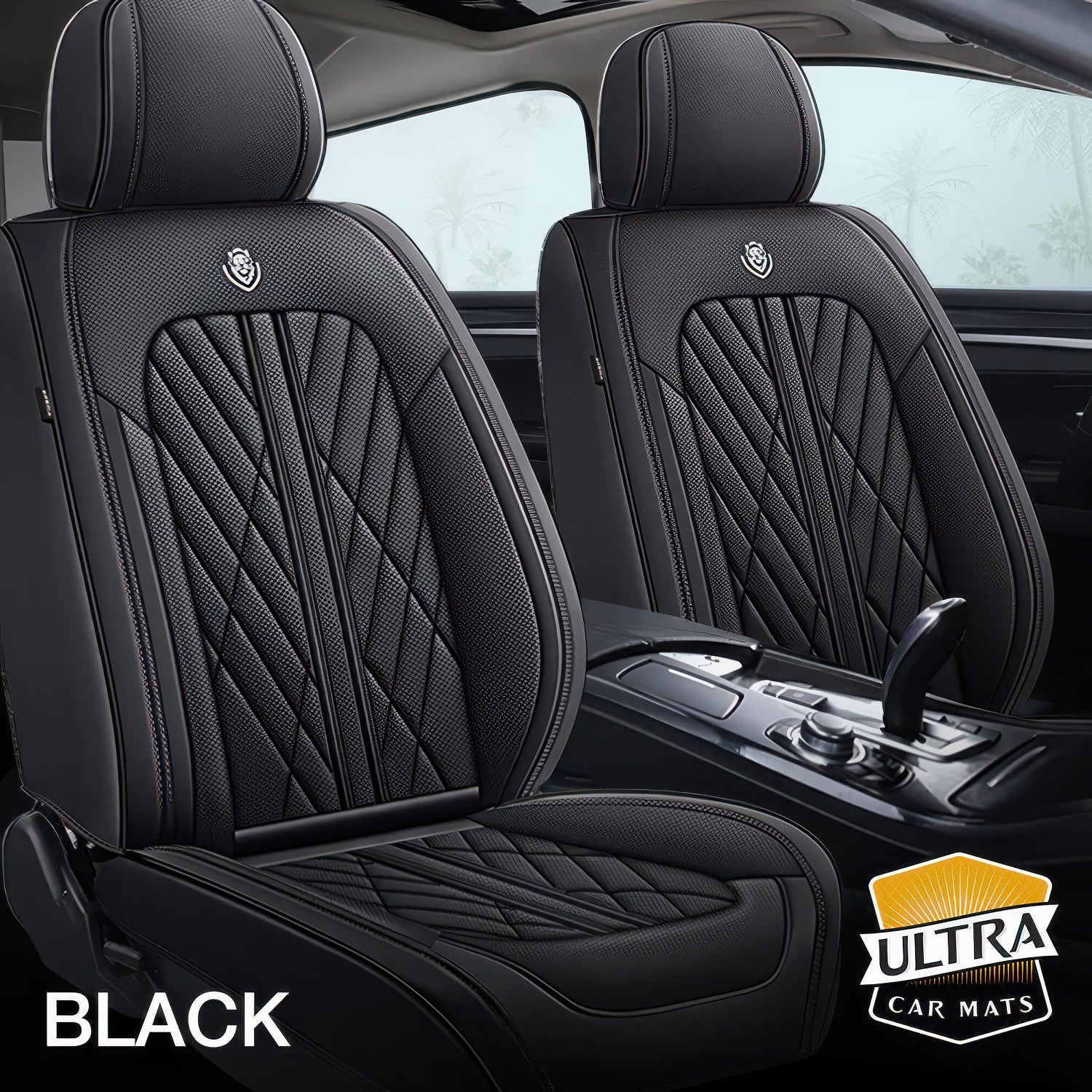 Black car seat covers with quilted design on car seats