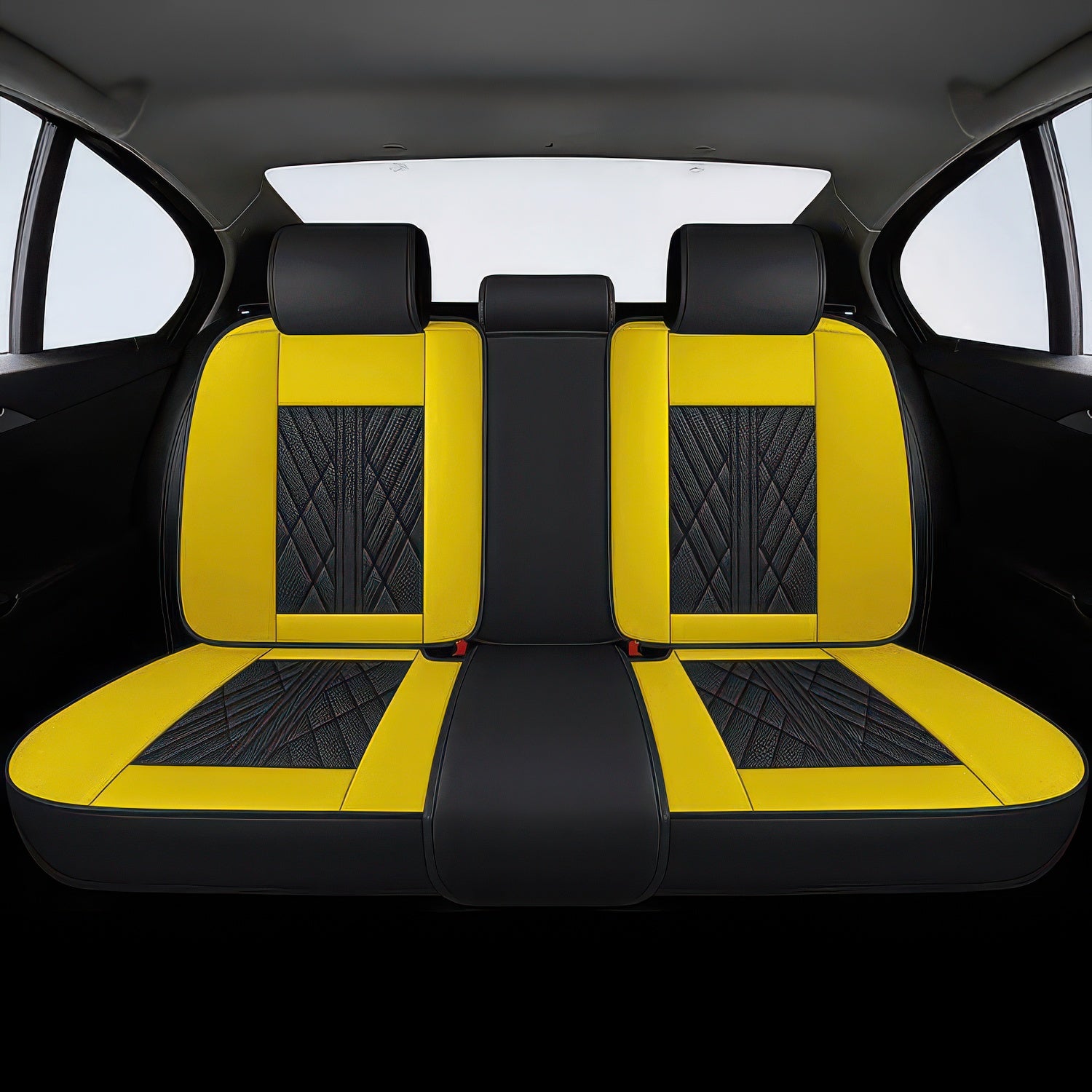 Black and yellow rear car seat covers inside a vehicle