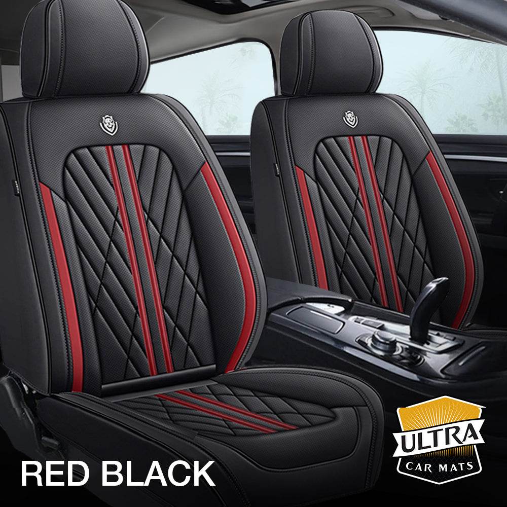 BDK Full Set Front & Rear Car Seat Covers + Carpet Floor Mats – Red With Black